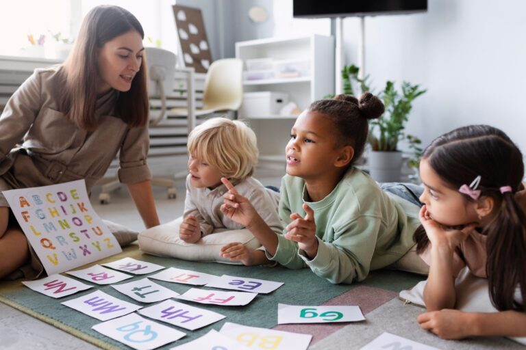 Early Childhood Assistant teaching children reading fundamentals in a warm and engaging classroom