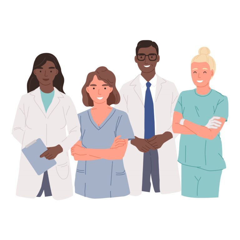 Medical office assistant engaging with healthcare staff illustration