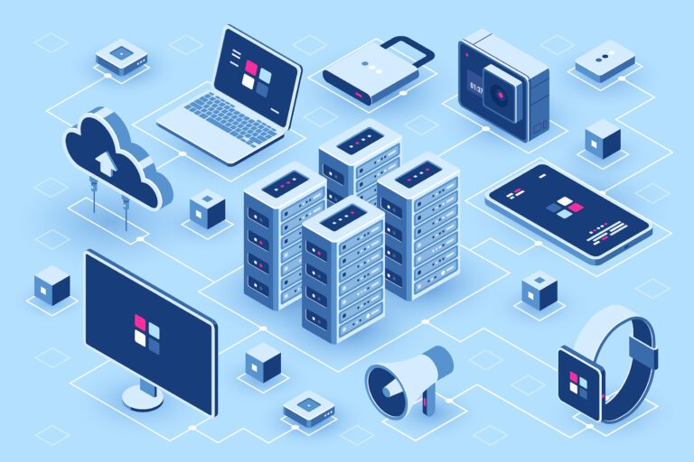 Isometric illustration of cloud computing infrastructure and network administration concepts