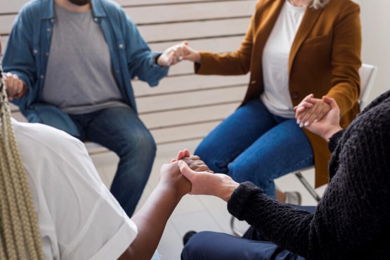 People sitting in a circle and hands joined together Mental Health & Addiction Support