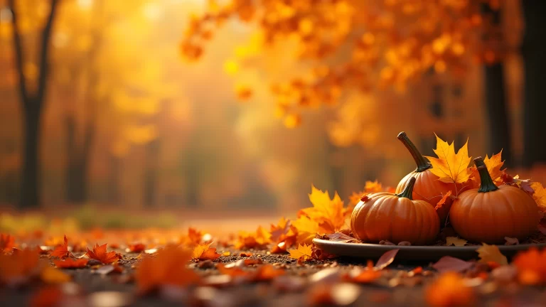 Image showing pumpkins surrounded by leaves and trees